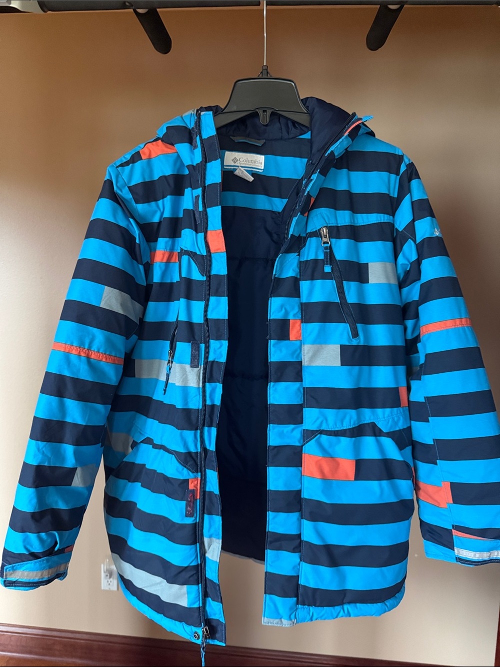 Columbia Kids Blue Navy Striped Hooded Puffer Jacket with Orange Accents